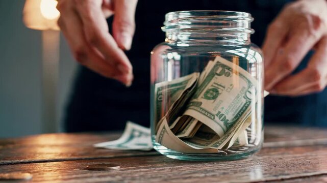 Money Saving Moment. Fingers Secure Cash In Jar. Cozy Home Scene Of Financial Planning. Warm Lighting Highlights Individual Fingers As They Deposit Money Into Savings Container At Home