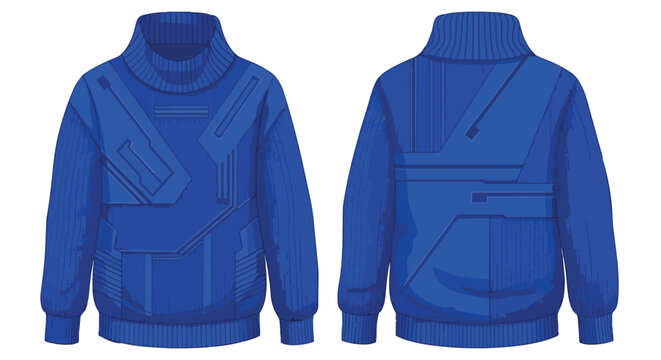 Futuristic blue turtleneck sweater design featuring intricate geometric patterns on front and back for modern apparel and creative style.