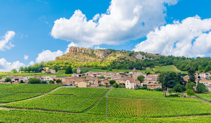 Naklejka premium Solutre Rock with vineyards, Burgundy, France