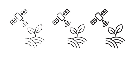 Fototapeta premium Line icon set depicting a satellite transmitting data to a growing plant in cultivated soil, representing precision agriculture, smart farming, and remote sensing technology.
