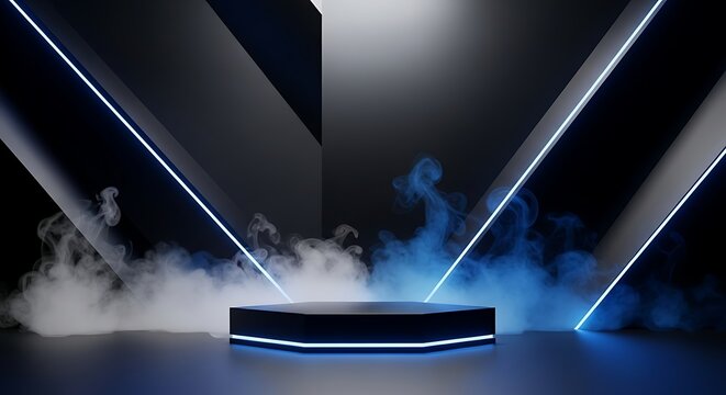 Modern Product Display Stage with Neon Lights and Smoke Effects Futuristic Platform