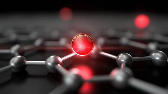 Leuchtend roter Knoten in einem Graphen-Netzwerk-Modell vor dunklem Hintergrund &ndash; wissenschaftliche Visualisierung von Molek&uuml;lstrukturen