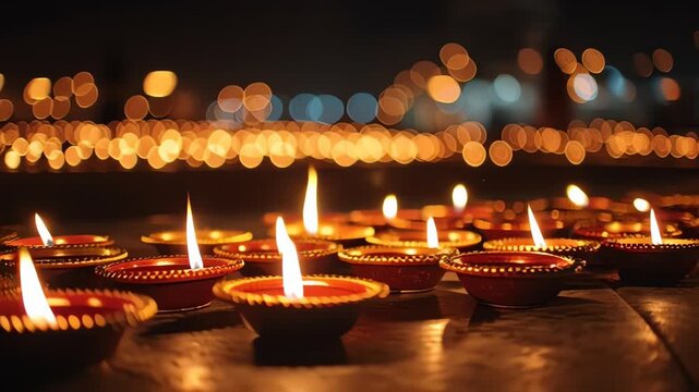 Rows of Glowing Oil Lamps During Diwali Festival at Night