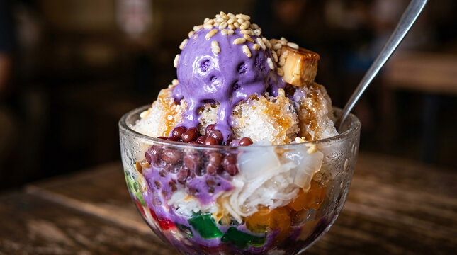 Colorful halo-halo dessert with ube ice cream, beans, jellies, and shaved ice in a glass bowl
