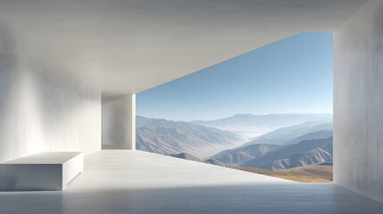Fototapeta premium Modern Minimalist Interior with Panoramic Mountain View.