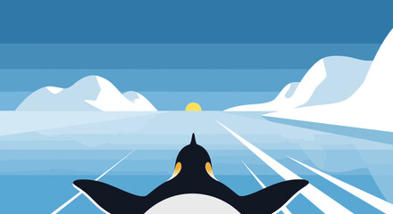 Penguin sliding on ice towards sun in arctic landscape, flat design © Natan
