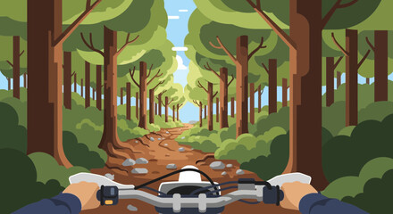 POV Mountain Biking on Forest Trail with Green Trees and Blue Sky © Natan