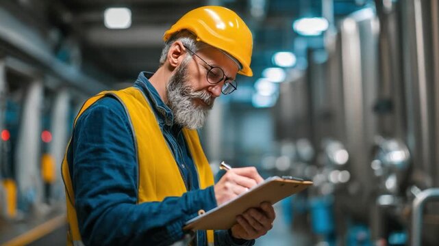 Industry Inspection: A seasoned industry professional, clad in safety attire, meticulously documents observations on a clipboard within a industrial setting.