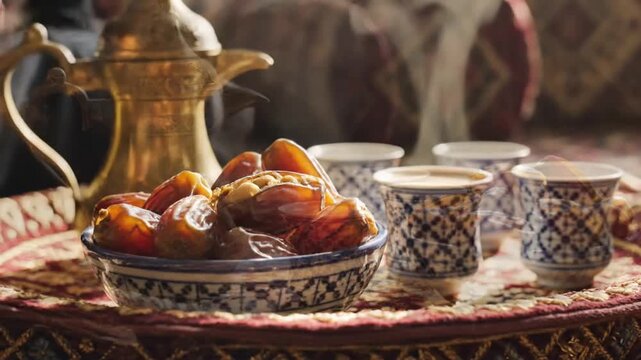 Hand pouring Arabic coffee from dallah with dates and cups