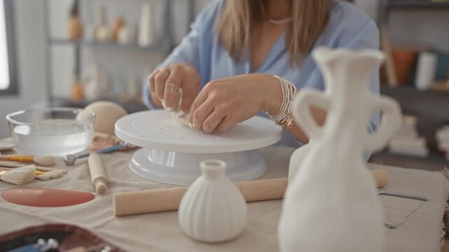 Woman shaping clay vessel with hands on white pottery wheel in studio surrounded by ceramic tools and vases; serenity creativity mastery innovation.