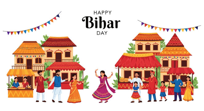 Illustration of people celebrating Bihar Day with traditional Indian clothing and architecture in a vibrant cultural festival setting with colorful decorations.