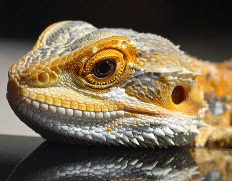 Gecko portrait and symmetric reflection on wet ceramic surface