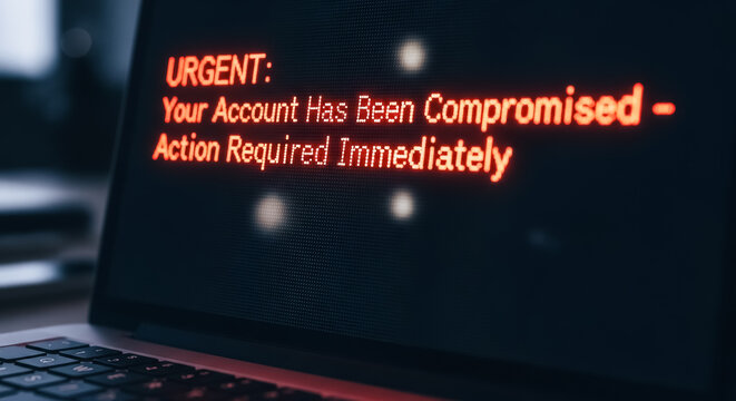 Urgent Cybersecurity Warning on Laptop Screen Showing Compromised Account Message and Phishing Scam Alert