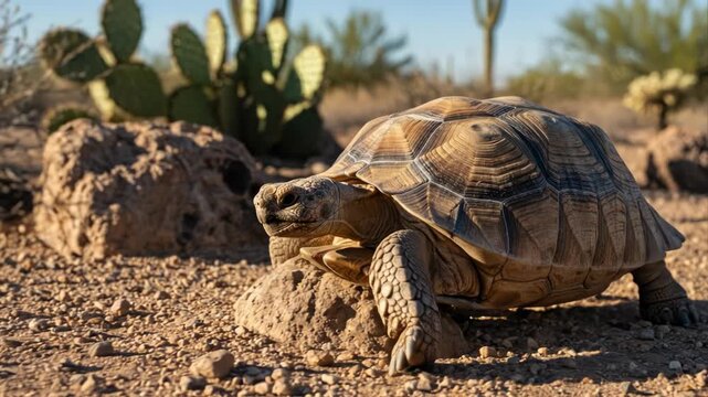 Tortoise walking on desert ground slowly.