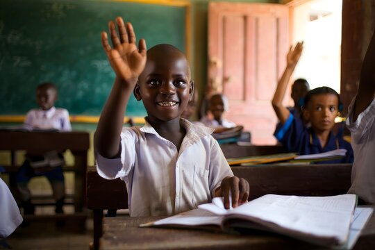 Smiling African Schoolboy Raising Hand in Classroom