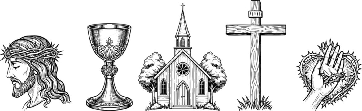Black-and-white religious icon set featuring Jesus with crown of thorns, chalice, church, wooden cross, and Sacred Heart stigmata