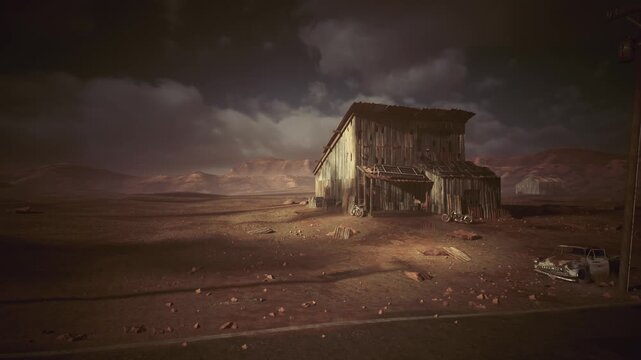 desert shack at dusk cinematic moody scene of derelict wooden outpost on barren plain under stormy sky, windblown sand and scattered debris, long shadows