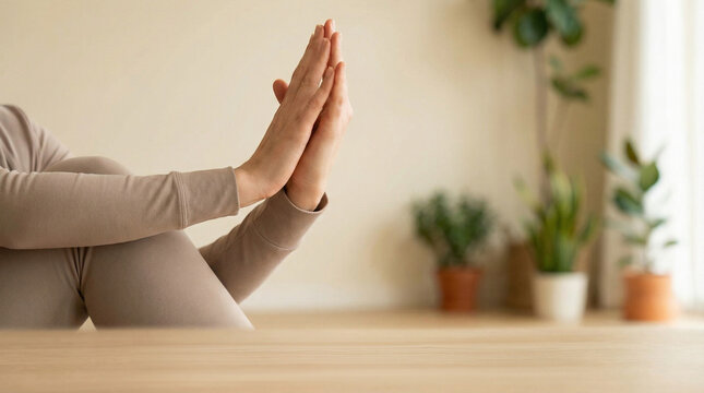 Close-up of hands in prayer position during yoga, soft natural light and warm home interior, mindfulness and relaxation concept.