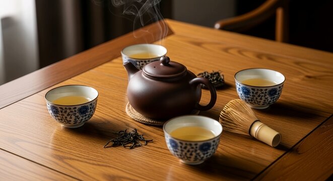 Traditional Tea Set with Teapot and Cups on Wooden Table