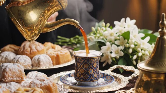 Hand pouring traditional Arabic coffee into ornate cup with sweets