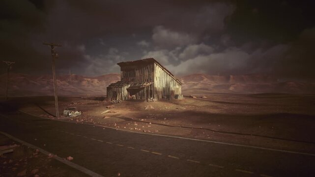 Desert dusk derelict shack stormy sky, lonely telephone pole and cracked asphalt road, windblown dust and tumbleweed, warm rust tones and distant mesa