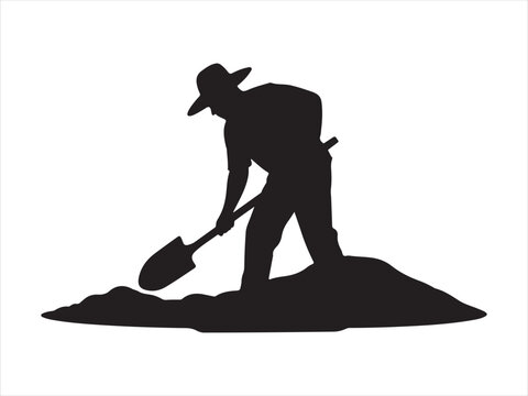 Silhouette of a man digging with a shovel, isolated agriculture work vector illustration