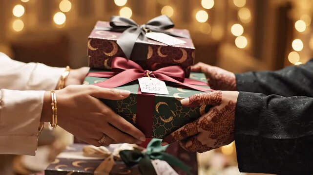 Hands exchanging elegant crescent moon pattern gifts during festive celebration