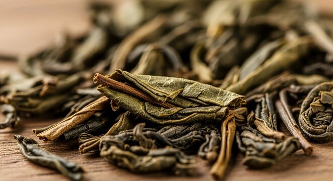 Loose Leaf Green Tea Close Up On Wooden Surface