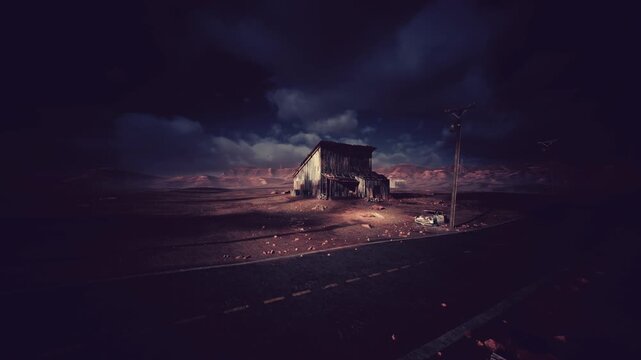 small house lit by lamp, poststorm ruins and smoldering embers beside lonely road, hopeful beacon piercing night, textures of ash and weathered wood, quiet