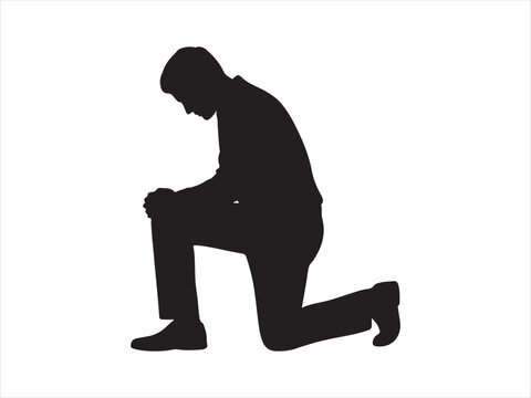 A man kneels on one knee in a contemplative pose, respect proposal prayer vector illustration