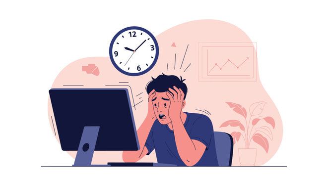 Stressed office worker sitting at his desk holding his head in frustration with a ticking clock and financial charts in the background.