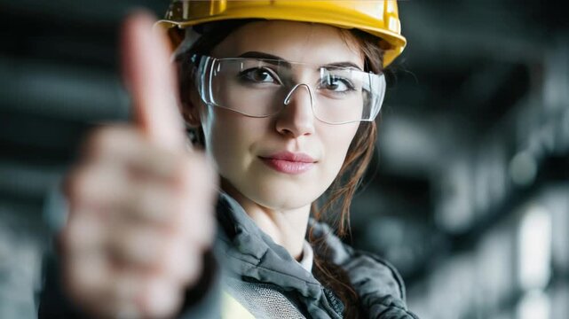 Empowered Engineer's Approval: A confident engineer, equipped with safety gear, gives a thumbs-up, embodying assurance and expertise in an industrial setting.