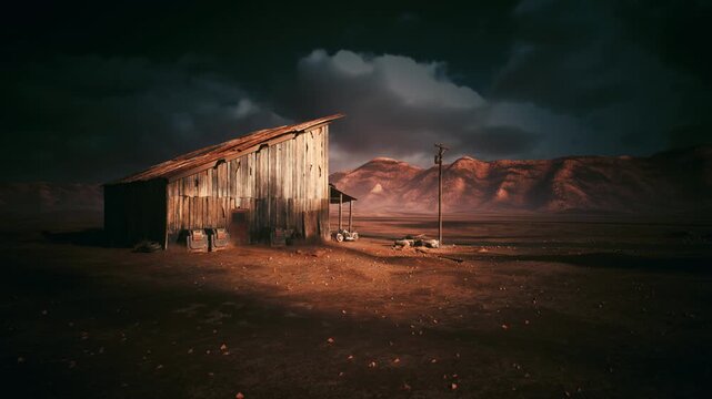 moody desert shack at dusk with storm clouds, weathered wooden structure sitting on barren plain under dramatic lighting, rusted corrugated roof catching warm
