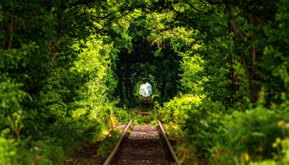 Fototapeta premium Enchanted green tunnel formed by lush trees embracing railway tracks.