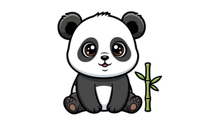 Naklejka premium Chibi giant panda sits happily next to a stalk of green bamboo.