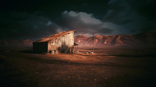 Cinematic desert shack at twilight, storm clouds loom over weathered corrugated siding amber rim light highlights distant mountains, barren ground littered