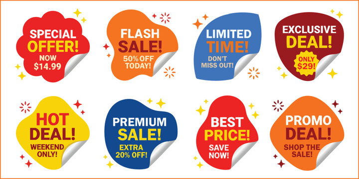 Colorful peeling sticker blobs for retail flash sale and promo deal vector illustrations