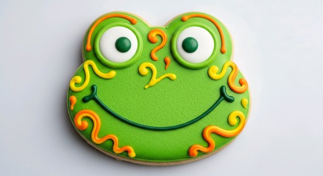 Cute frog face sugar cookie with green icing and swirl patterns