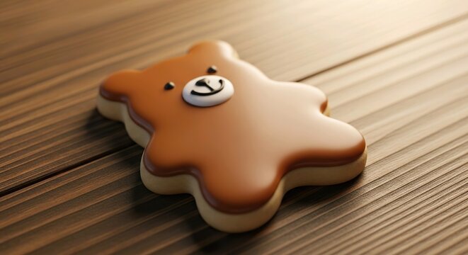 Cute Bear Shaped Cookie With Chocolate Icing On Wooden Table