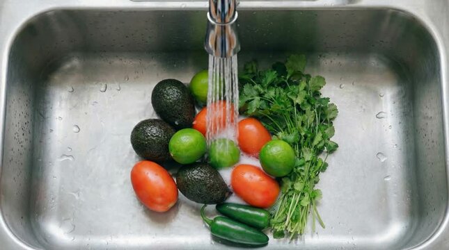 Vegetables in sink under running water in kitchen close-up