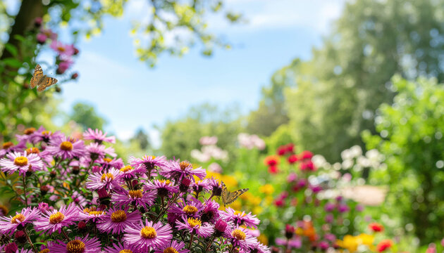 Garden flower butterfly summer spring meadow nature blossom daisy sunlight create vibrant outdoor scene with pollinator in lush green park