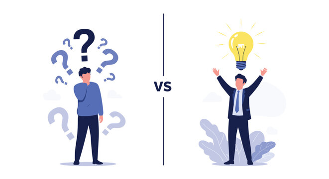 Conceptual illustration comparing person feeling confused with question marks versus businessman having bright idea represented by lightbulb.