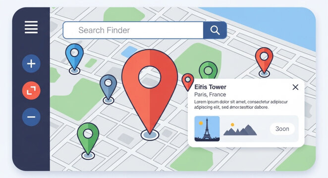 Mobile App Interface Design for Location Search and Navigation with Map Markers.