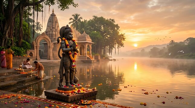 Hanuman Jayanti Celebration with Lord Hanuman Statue at Sunrise