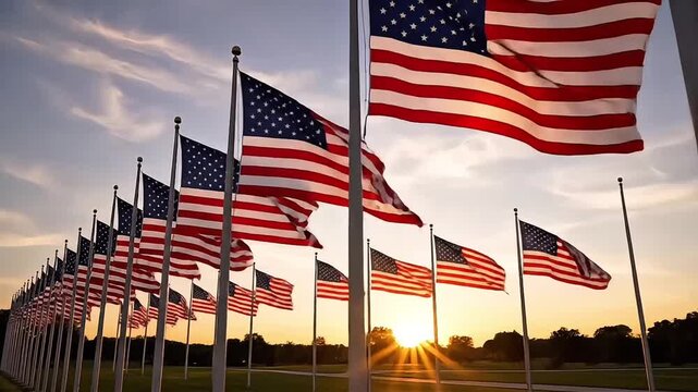 American Flags Waving in the Wind at Sunset Golden Hour