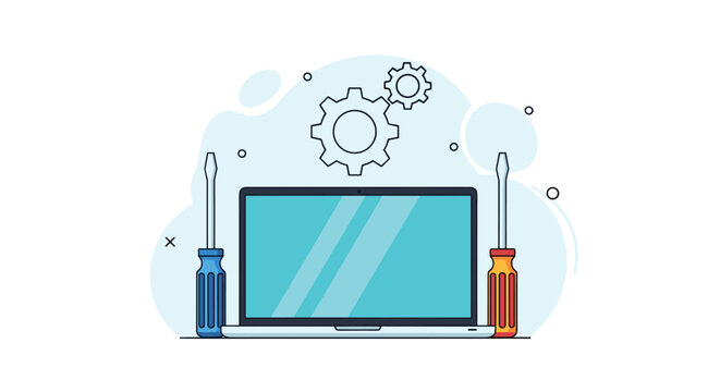 Computer repair and technical support concept showing laptop with tools like screwdrivers and gears representing maintenance service.