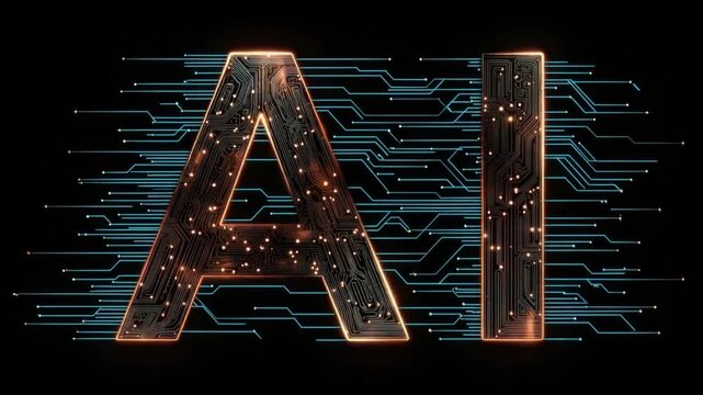 AI-Artificial Intelligence Visualization: An artistic representation of Artificial Intelligence, the letters AI glow with embedded circuitry.