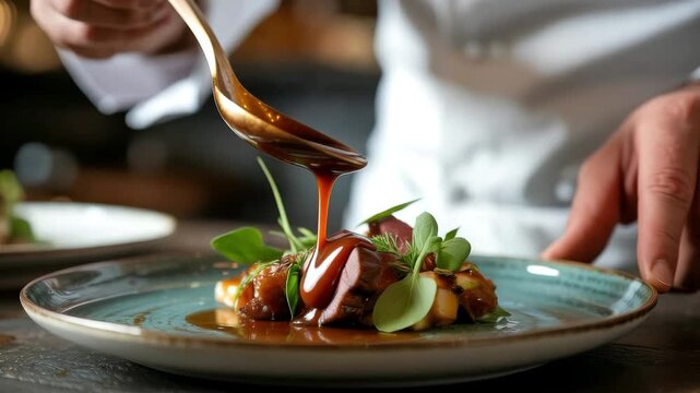 Chef pouring rich sauce over gourmet dish with fresh herbs and vegetables on plate in restaurant