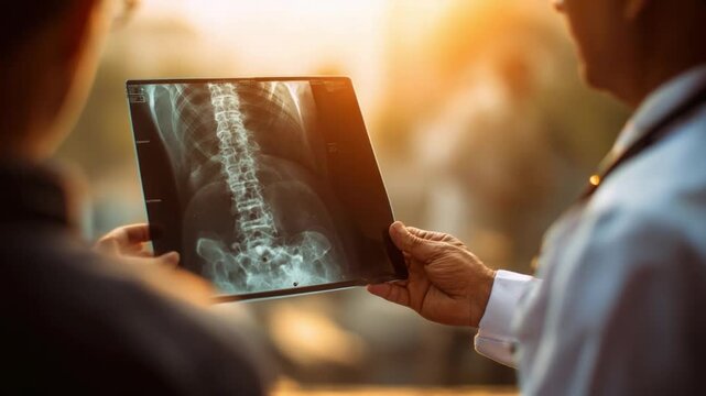 Patient Examination: A medical professional carefully examines an x-ray, offering insights and support. A moment of diagnosis and care, in a trusted doctor-patient interaction.