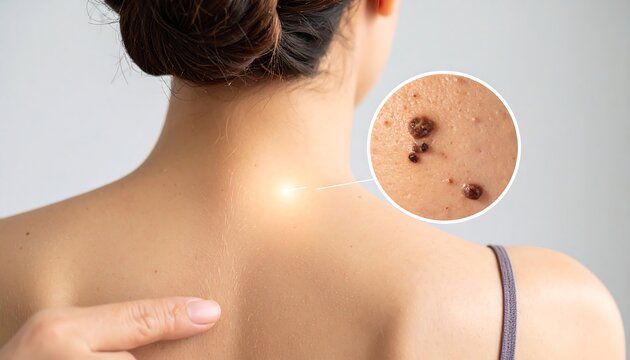 Close-up of human skin and a zoomed-in view of an area showing brown lesions. An index finger points to the skin with a bright spot